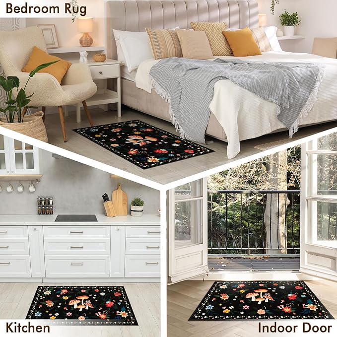 2x3 Machine Washable Area Rug, Non-Slip Small Vintage Floral Entryway Rug for Front Door, Low Pile Indoor Door Mat for Entryway, Bedroom, Dining Room & Kitchen(2x3 Black Mushroom)