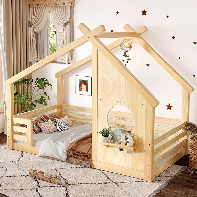 SOFTSEA Twin Size House Bed Frame, Kids Floor House Bed with Window and with Storage Shelf for Boys Girls, Wood Montessori Bed with Slats and Guardrails, Natural
