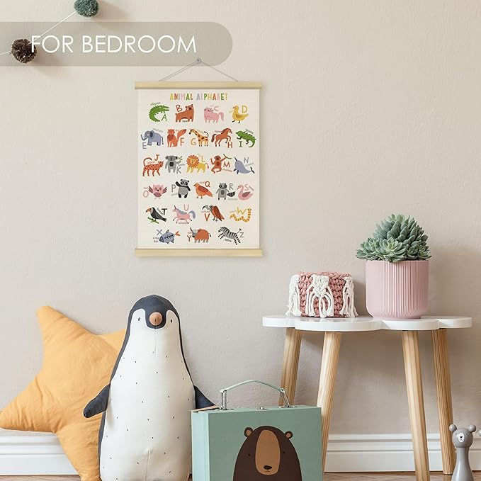 Fewgb Animal Alphabet ABC Letter Chart Wall Art Decor for Nursery Classroom Playroom Toddlers Kids Room, Preschool Educational Learning Hanging Poster Framed with Hanger, Colorful Picture Prints 12x16