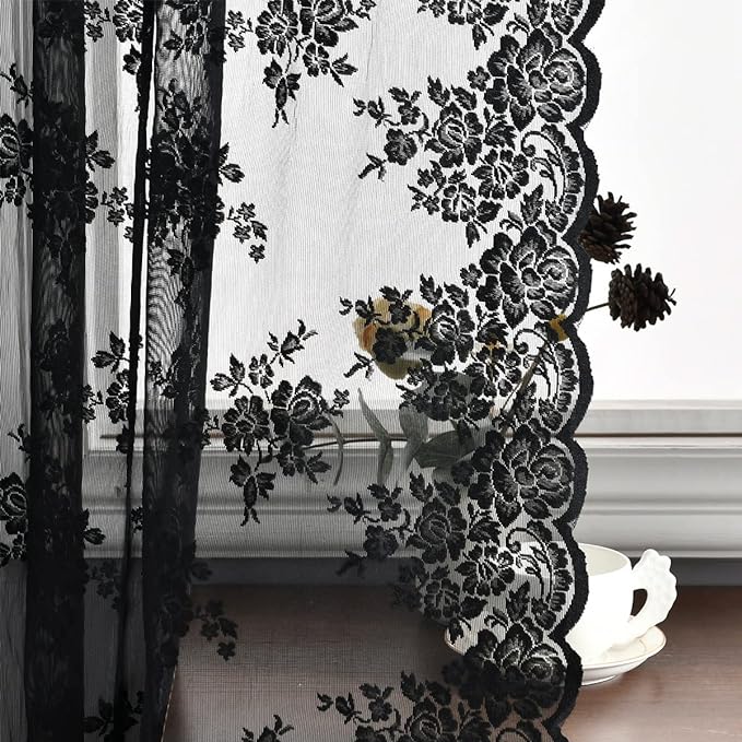 Kotile Black Lace Curtains 96 Inch Length, Vintage Rusitc Floral Sheer Lace Drapes, Gothic Black Sheer Curtains for Living Room, Rod Pocket Window Curtain Panels, 52 x 96 Inch, 2 Panels