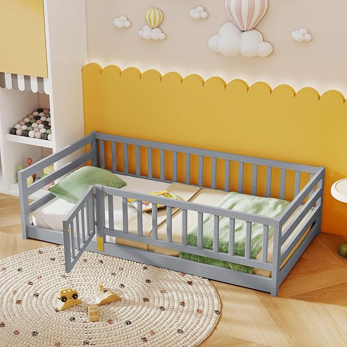 KOMFOTT Twin Size Wood Floor Bed with Door & 21.5” Fence, Montessori Bed Frame with Full Length Safety Guardrails, Door & Latch, Wooden Montessori Floor Bed for Kids, Girls, Boys
