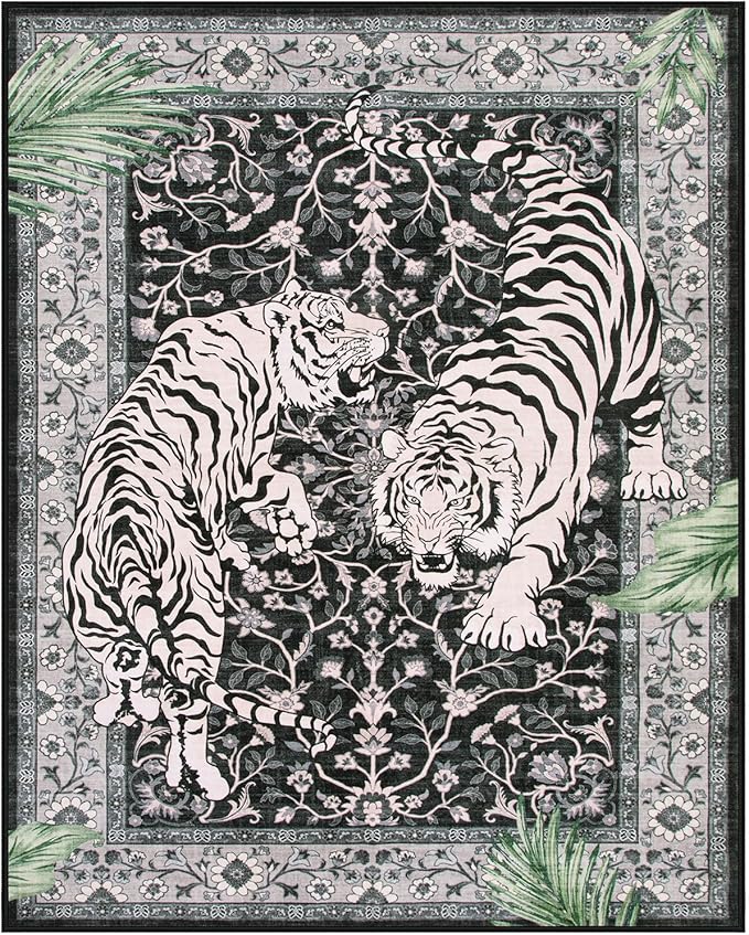 Moynesa Tiger 8x10 Area Rug, Washable Boho Rugs for Living Room, Vintage Large Soft Dining Room Rug, Non Slip Ultra Thin Stain Resistant Floor Carpet for Home Office Bedroom, Black