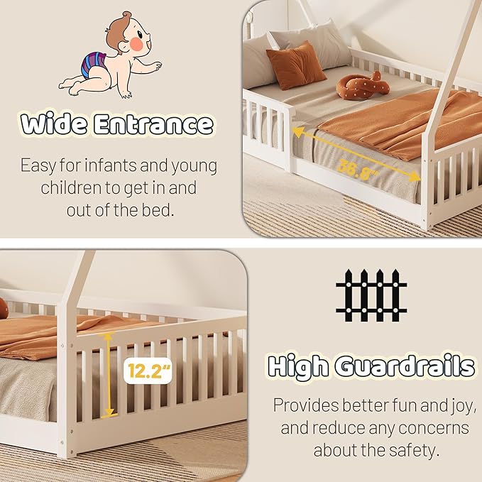 Twin House Bed with Fence Rails, Wood Montessori Floor Bed with Slats Support, Twin Size Teepee Tent Beds Kids Bed Frames for Girls Boys,White