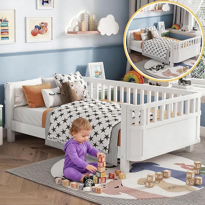 Twin Size Montessori Bed with Guardrails, Wood Kids Bed Frame with Slats Support, Low to Ground Modern Baby Bed with Removable Side Rails for Boys Girls Bedroom Living Room, White
