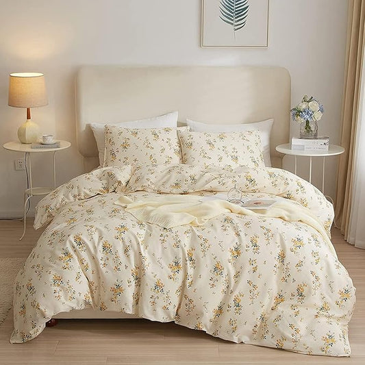 HighBuy 3 Pieces Duvet Covers Queen Size Yellow Floral Duvet Cover Set,Ultra Soft Cotton Bedding Set Botanical Printed Soft Aesthetic Bed Cover with Zipper Closure 4 Ties All Season