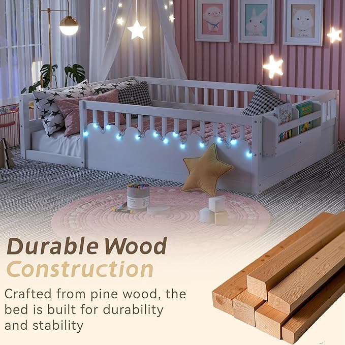 Full Toddler Floor Bed with High Rails, Wooden Montessori Bed Frame with Light and Storage Shelf, Full Size Bed Frame for Kids, Boys and Girls, White