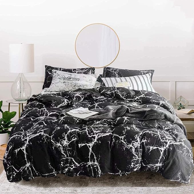 Jumeey Black Duvet Cover Queen Marble Bedding Sets Queen Black Marble Duvet Cover Full Size Black and Grey Bedding Cover Modern Men Women Teen Boy Gothic Marble Bed Abstract Black Bedding Full Set