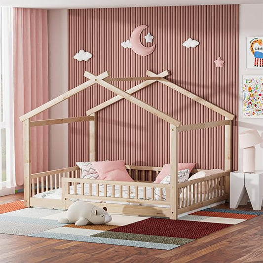 LLS Full Size House Bed with Fence, Wooden Montessori Bed with Slats Support, Floor Bed Frame for Boys Girls Bedroom, Natural