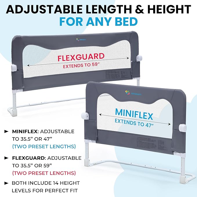 TotCraft Flexguard Height & Length Adjustable Bed Rail for Toddlers – Fits Twin, Full, Queen & King Beds – 35.5″ or 59″ Two Fixed Lengths – 14 Height Levels – ASTM Certified Kids Safety Guard (Grey)
