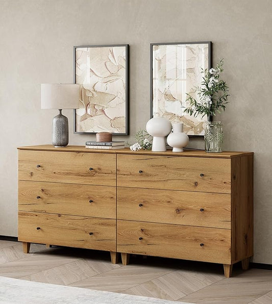 WAMPAT 6-Drawer Kids Dresser for Bedroom, 2-in-1 Modern Large Chest of Drawers with Black Knobs, 71 Inch Wide Oak Brown Wood Children Dresser for Baby Room, Nursery