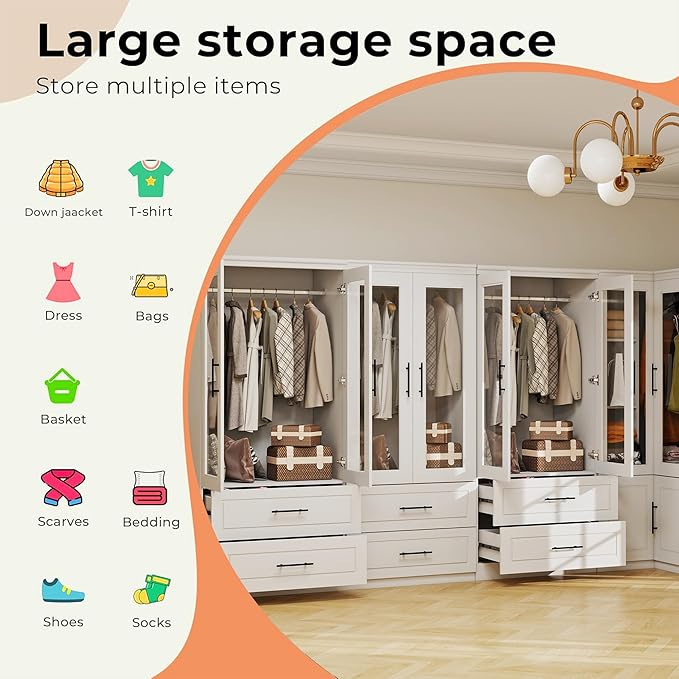 Armoire Wardrobe Closet with 8 Door: White Wood Wardrobe Closet Wooden Combination Corner Cabinet Bedroom Armoire with Hanging Rods for Home/Bedroom/Living Room