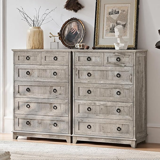 Farmhouse 6 Drawer Dresser for Bedroom Set of 2, 41" Tall Small Dressers & Chest of Drawers, Rustic Wood Dresser with Metal Handle, Storage Organizer Closet for Living Room, Hallway, Entryway
