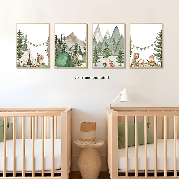 Kousne Woodland Adventure Nursery Canvas Wall Art Set of 4 Camping Animal Prints BearFox Rabbit Hiking PostersForest Mountain Themed Kids Room PictureNature Exploration Wall Decor Frameless 12x16In ﻿