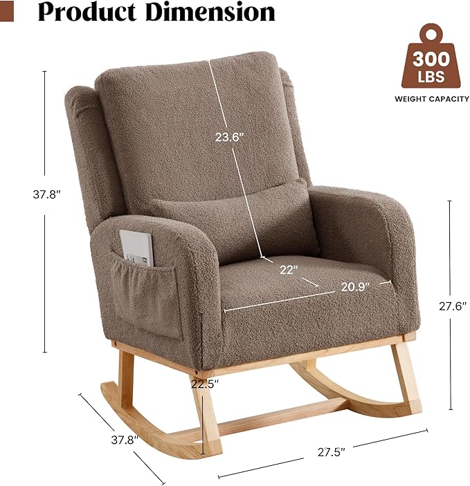 Rocking Chair Nursery,Sherpa Nursing Rocking Chairs, Upholstered Nursery Glider Rocker Wingback Morden Rocking Chair with Lumbar Pillow for Mom Nursery, Living Room, Bedroom, Teddy Coffee