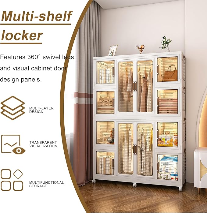 Portable Closet Wardrobe, Foldable Clothes Organizer with 10 Cubby Storage, 2 Hanging Rods, Easy Assemble Clothing Storage with 16 Hangers, Kids Wardrobe Cabinet