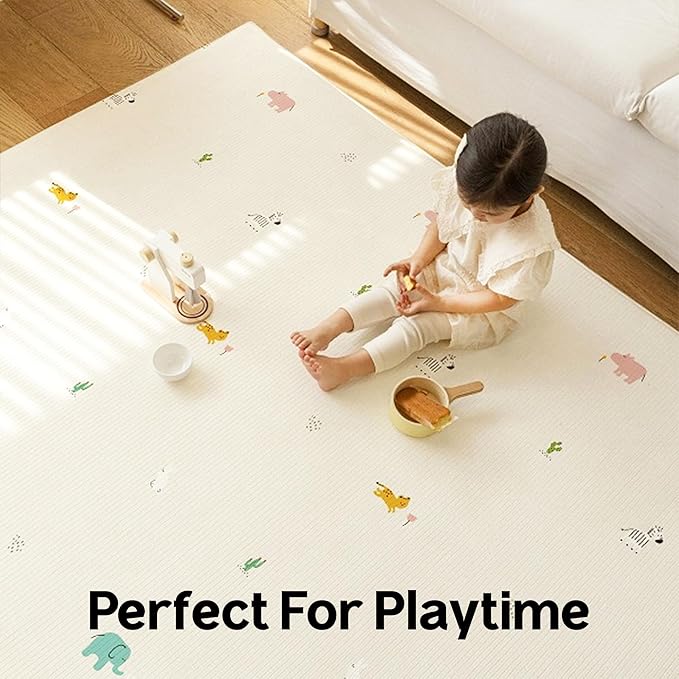 Ultra-Cushioned Premium Baby Play Mat - Jungle Friends + Herringbone - Made in Korea - Tummy Time Mat with Superior Shock Absorption, Non-Toxic Baby Floor Mats, Water Resistant, Reversible - 75"x51"