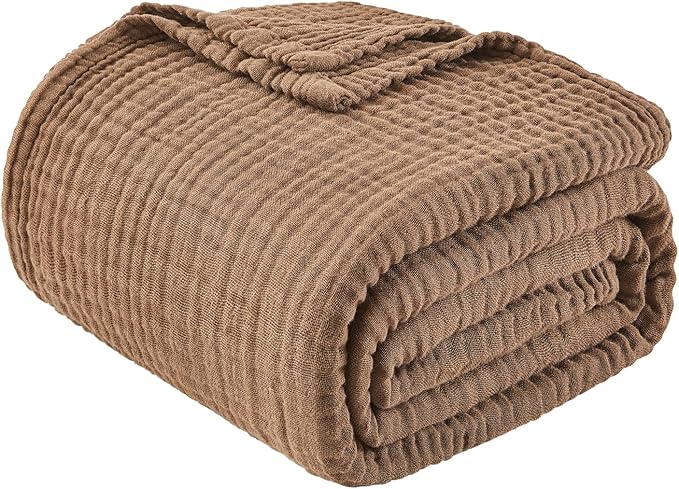 EMME Cotton Muslin King Blanket Bed Layering Breathable Gauze Blanket Soft Lightweight Blankets Adults (Brown, 108"x90")