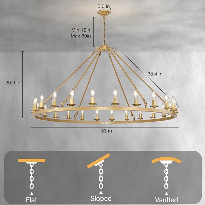 Wagon Wheel Chandelier, 24-Light Gold Large Round Modern Farmhouse Chandelier with Adjustable Height Island Light Fixture for High Ceiling Dining Room, Kitchen, Living Room, Entryways, Foyer