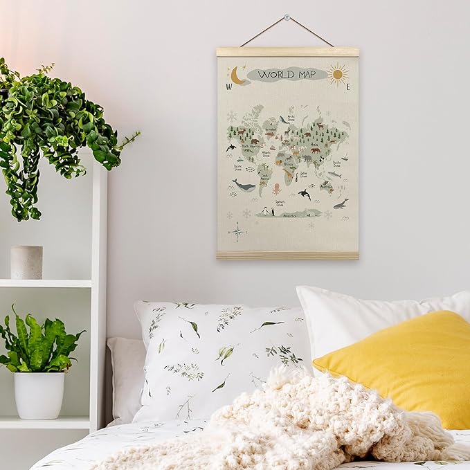 Tzhim Animal World Map Poster Hanger Frame, World Map for Kids, Educational Wall Hanging Decor for Nursey Playroom Classroom Home school Kids Room, Nature Wall Art Prints with Wood Frames, 12x16in