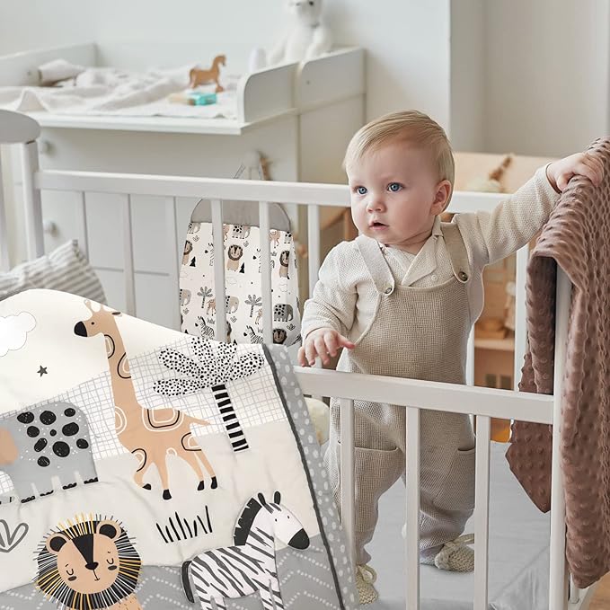 4 Piece Woodland Forest Animals Crib Bedding Set, Including Jungle Safari Crib Skirt, Blanket, Nursery Bed Sheet and Diaper Stacker, Soft Neutral Nursery Standard Size Baby Bedding for Baby Girls Boys