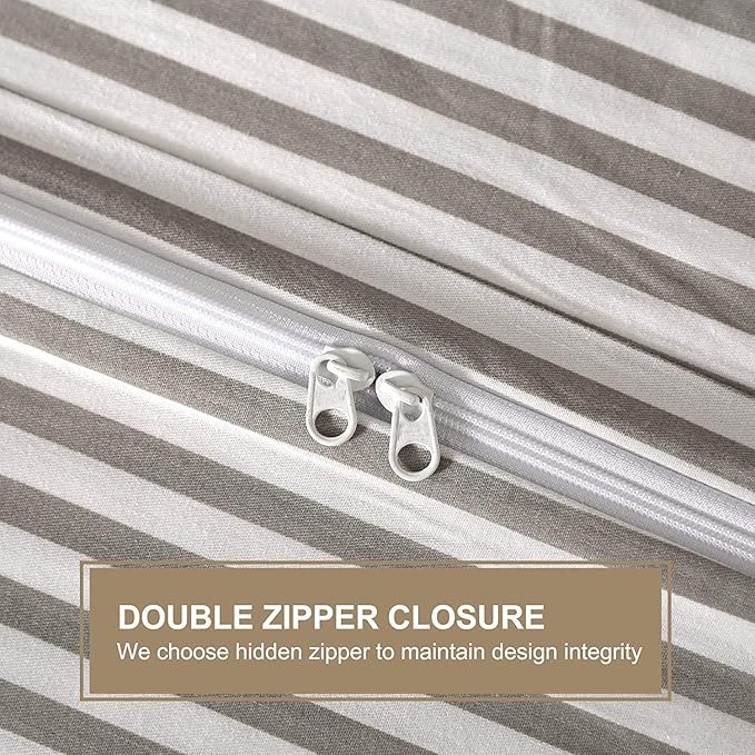 JELLYMONI Duvet Cover, 100% Natural Cotton, Printed Comforter Cover with Zipper Closure and Corner Ties (Super King 116×98 Inch, White Duvet Cover Set with Grey Stripes Pattern, 3 Pieces)