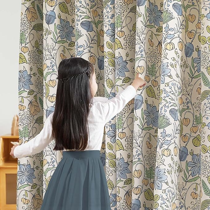 jinchan Nursery Curtains 95% Blackout Blue Floral Curtains for Kids Room, 63 Inch Length Farmhouse Drapes for Bedroom Living Room Darkening Window Treatment Grommet Top Set of 2 Panels
