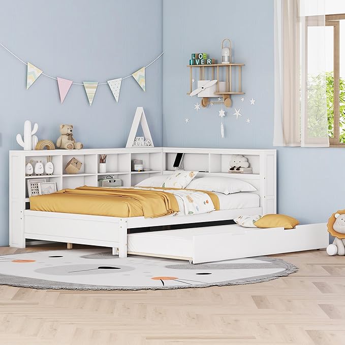 Harper & Bright Designs Full Size Daybed with Trundle and Charging Station, Wooden Full Storage Bed Frame with L-Shaped Bookcases, Full Platform Bed with Shelves for Kids Girls Boys, White