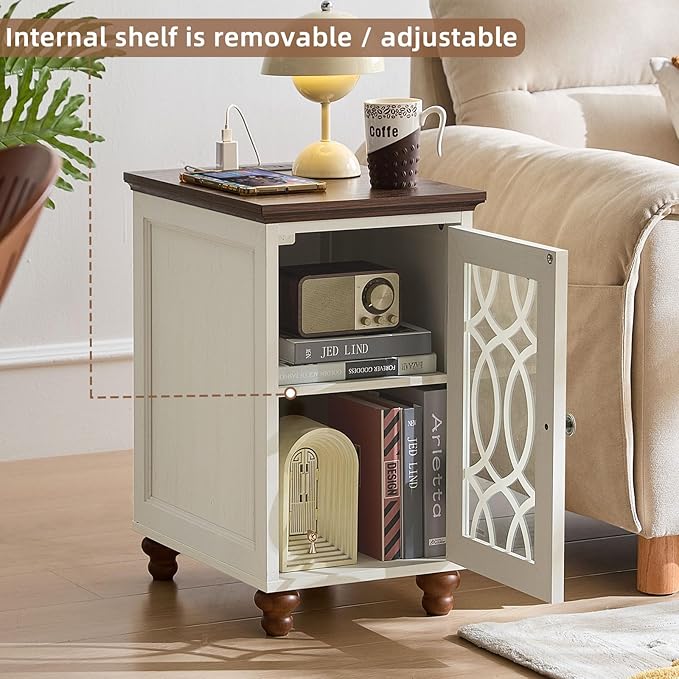 Narrow Side Table with Charging Station, Night Stand with Glass Door, Bedside End Tables with Adjustable Shelf Storage Cabinet,Wood Nightstand for Small Spaces Living Room Bedroom