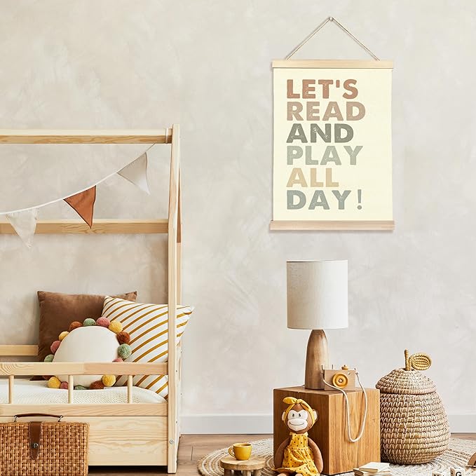 Hiuwevt Kids Playroom Wall Art, Boho Nursery Poster Hanger Frame, Boho Classroom Decor, Let's Read and Play All Day Wall Art Home Decor for Kids Boys Girls Bedroom Room Playroom, 12x16 Inch