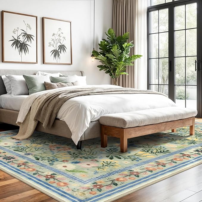 Area Rugs for Living Room 8x10, Washable Boho Green Thin Floral Living Room Rug Non-Slip, Vintage Bedroom Indoor Carpet for Dining Room Kitchen Playroom Office, Green/Multi
