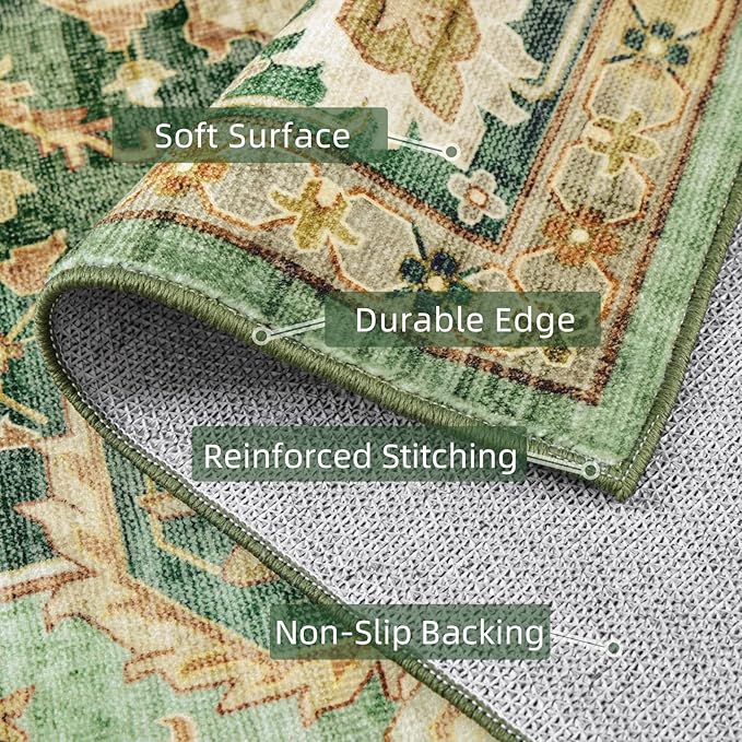 Green Runner Rug 2x4 Rugs Boho Small Washable Runner Rugs for Entryway Bathroom Kitchen, Small Rugs Soft Low Pile Non-Slip Rubber Backing Oriental Door Mat