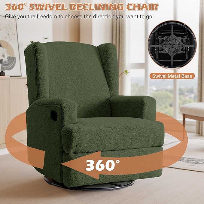 UIXE Swivel Glider Recliner Chair for Adults, Boucle High Back Accent Chair Nursery Rocker for Living Room, Upholstered Manual Reclining Sofa Seating with Deep Seat - Green