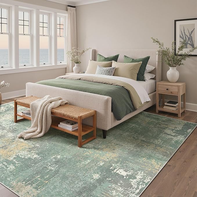 8x10 Area Rugs Washable Green Rug for Living Room Bedroom, Abstract Modern Large Rug Non Slip, Water Repellent Low Pile Soft Carpet for Dining Room, Grey Green