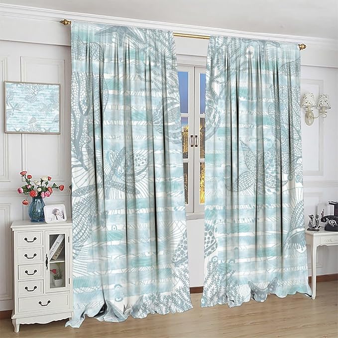 Starfish Curtains，Starfish and Seashells Coastal Curtain Ocean Themed Underwater Marine Decor Waterproof Fabric Curtain Set 2 Panels,84x84 Inches