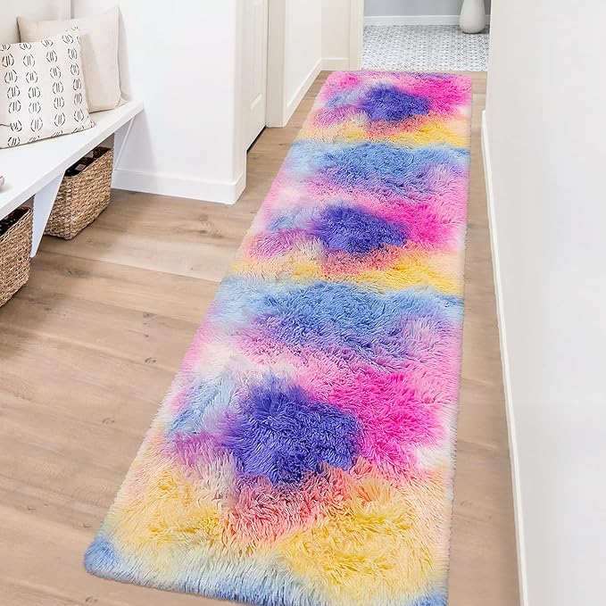 Soft Fluffy Pink Rainbow Rug for Girls Bedroom Carpet 2x8 Tie Dyed Shag Runner Fuzzy Bedside Kids Princess Rug for Girls Bedroom Living Room Hallway Nursery Kids Unicorn Home Decor
