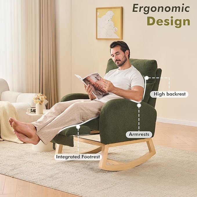 FOXHUNTER Rocking Chair for Nursery with High Backrest & Foot Rest-Nursery Rocking Chairs with Side Storage Pocket for Breastfeeding,Modern Glider Chair for Baby Bedroom,Living Room,Teddy Green