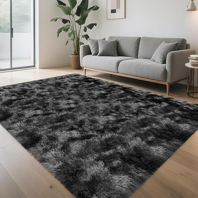 Soft Fluffy Plush Area Rug for Bedroom Living Room, 5x8 Tie-Dyed Grey and Black Fuzzy Shag Carpet Indoor Modern Shaggy Rug for Kids Room Boys Girls Dorm Nursery Home