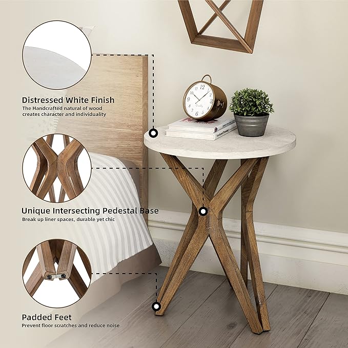 LONYKE Pedestal Farmhouse End Table Set of 2, Distressed Top with Tripod Base Bedside Table for Living Room, Modern, Boho Decor, Round (2-Pack, White & Walnut)