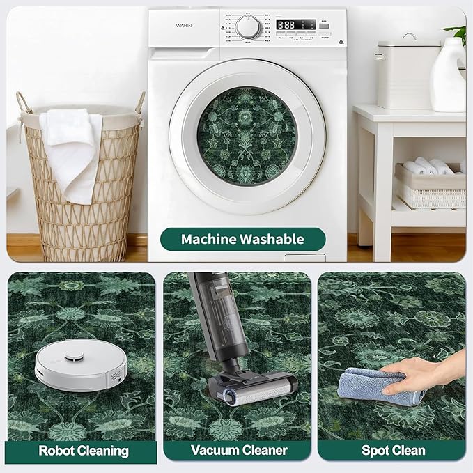 Tangsoo 4x6 Washable Area Rugs Non Slip, Boho Distressed Vintage Green Floral Throw Rug for Bedroom Nursery, Low Pile Floor Carpet Indoor Mat for Entrance Kitchen Office Nature Forest Farmhouse Decor