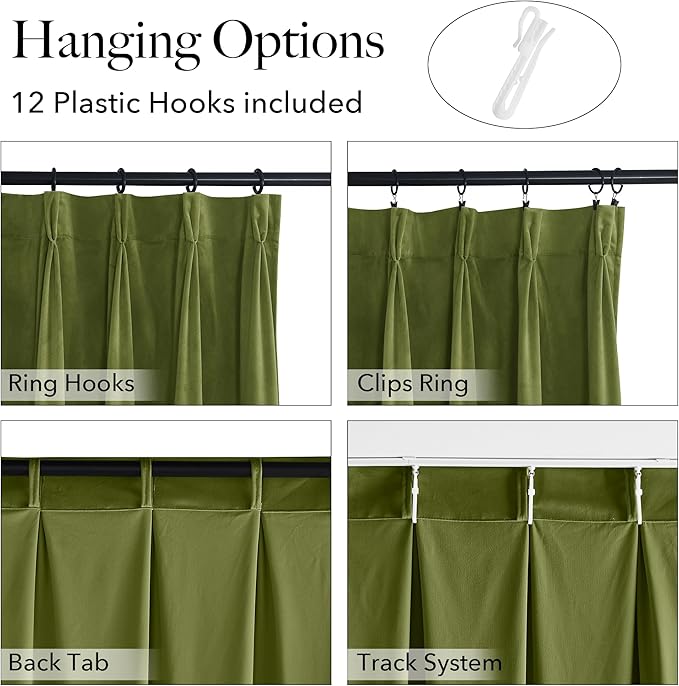 StangH Olive Green Velvet Pinch Pleated Curtains 96 inches Long, Block Light Thermal Insulated Window Drapes with Hooks Super Soft Track System Panels for Living Room, W38 x L96, 2 Panels