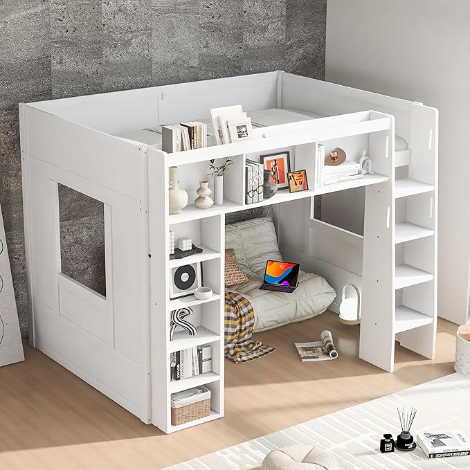 Playhouse Design Queen Size Loft Bed with Built-in Storage Shelves and 2 Windows, Solid Wood Loft Bed Frame with Safety Guardrail for Kids Teens Boys Girls, Space-Saving (White-12.9)