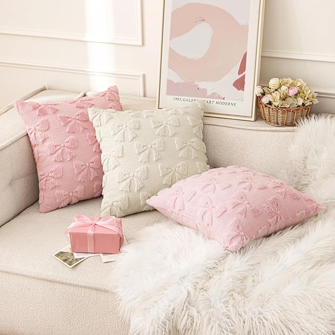 MIULEE Beige Bow Pillow Covers Christmas Coquette Room Decor Aesthetic Set of 2 Decorative Cute Girl Throw Pillow Soft Plush Faux Pillowcase for Girl Bed Couch Sofa,18x18 Inch