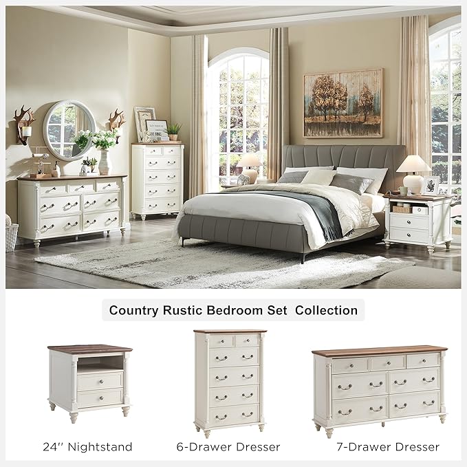 T4TREAM Farmhouse 6 Drawers Dresser Chests for Bedroom w/4 Solid Wood Feet &Column Decor, Tall Wood Rustic Chest of Drawers, Storage Dressers Organizer for Bedroom, Living Room, Nursery, Antique White
