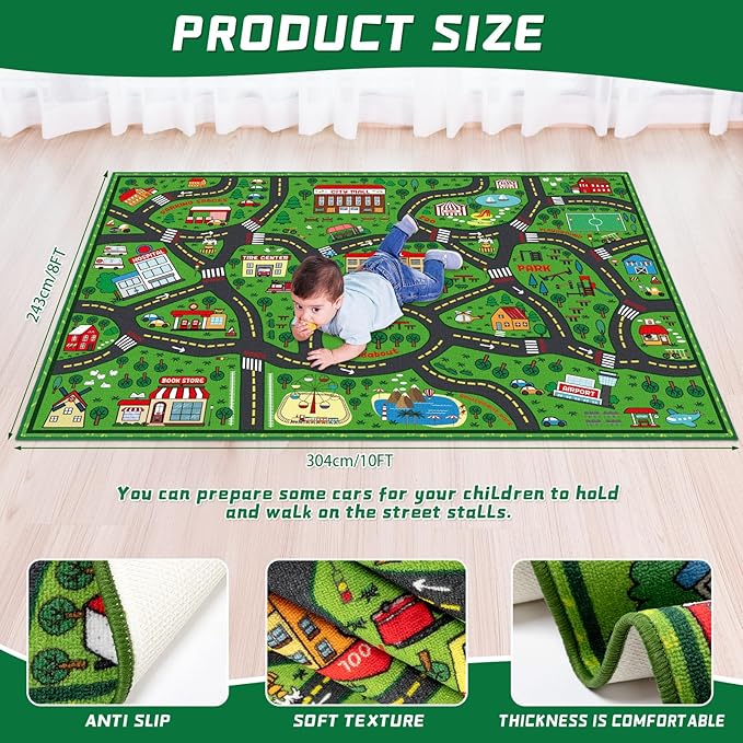 Tinideya Kids Carpet Playmat Rug Player Car Rug, 8 x 10 ft Traffic Map Mat Educational Game Area for Toddler Children Playroom Classroom Bedroom (City, Green)