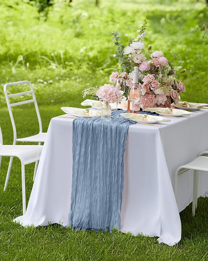 Pureegg 3-Pack Cheese Cloths Table Runner, 120'' Boho Table Cloth Decorations for Party, Baby Shower, Wedding and Farmhouse, Fabric Room Decor, Dusty Blue