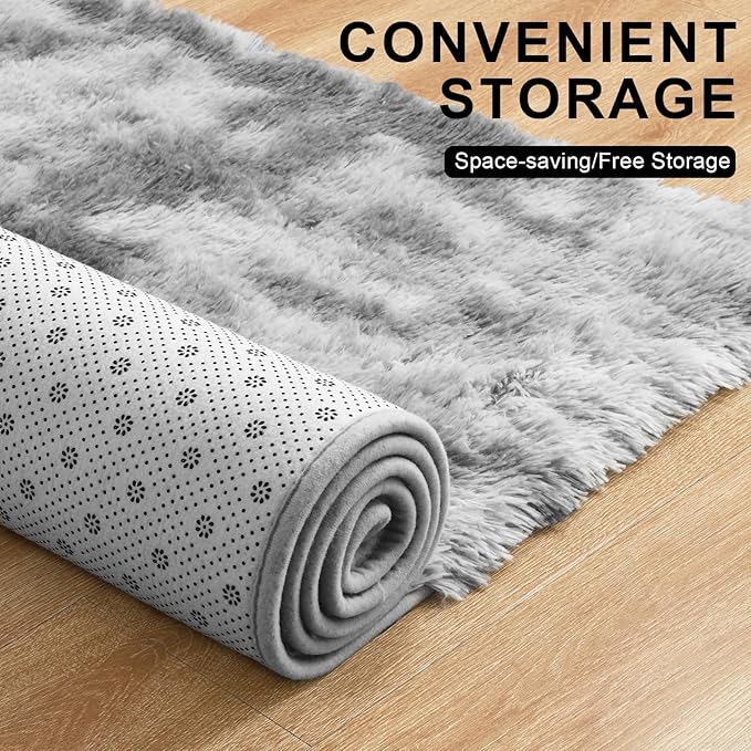 Merelax Soft Modern Indoor Large Shaggy Rug for Livingroom Bedroom Dorm Kids Room Home Decorative, Non-Slip Plush Fluffy Furry Fur Area Rugs Comfy Nursery Floor Carpet 9x11 Feet,Tie-Dyed Light Grey