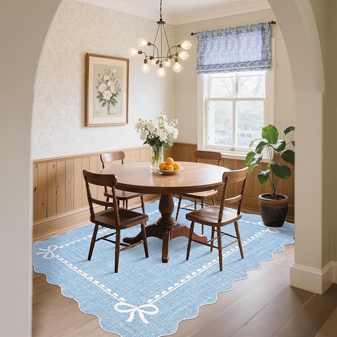 GarveeHome Scalloped Bow Rug for Living Room, Solid Blue Rug for Dorm, Washable Rugs 9x12 Soft Low Pile Non Slip Scalloped Rugs for Nursery College Bedroom Decor Kids Room Playroom