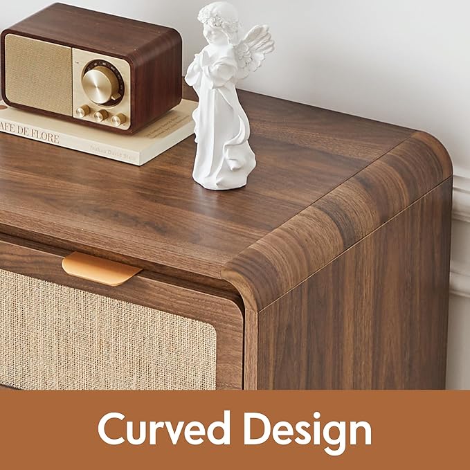 Mid Century Modern Dresser for Bedroom with 4 Drawers, 35" Tall Chest of Drawers with Natural Linen, Curved Wood Dresser Closet Clothes Storage Organizer for Living Room, Hallway((Walnut)
