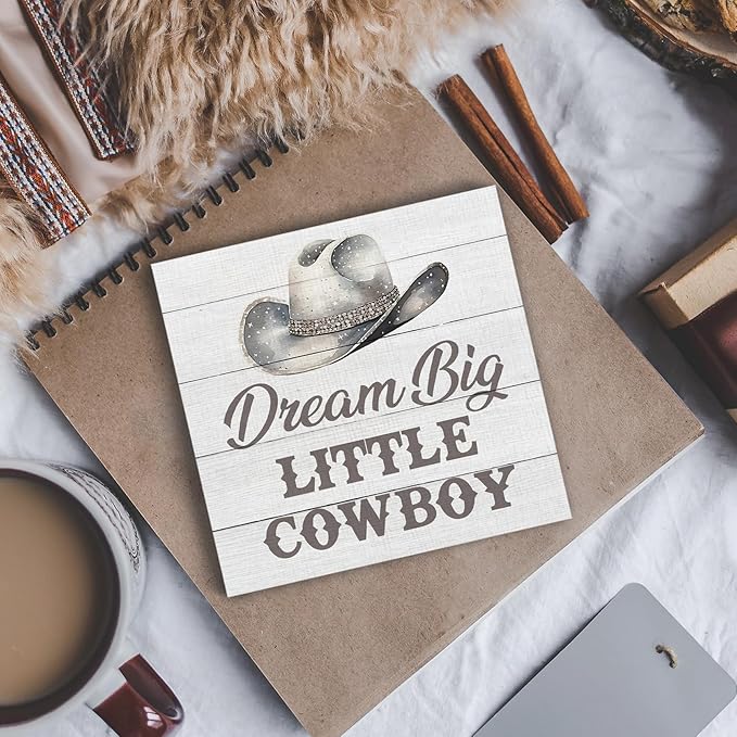 Western Nursery Wood Box Sign - Western Desk Shelf Decor, Cowboy Nursery Decor, Grey Dream Big Little Cowboy Wooden Block Plaque Box Sign for Baby Boy Dorm Room Table Decorations