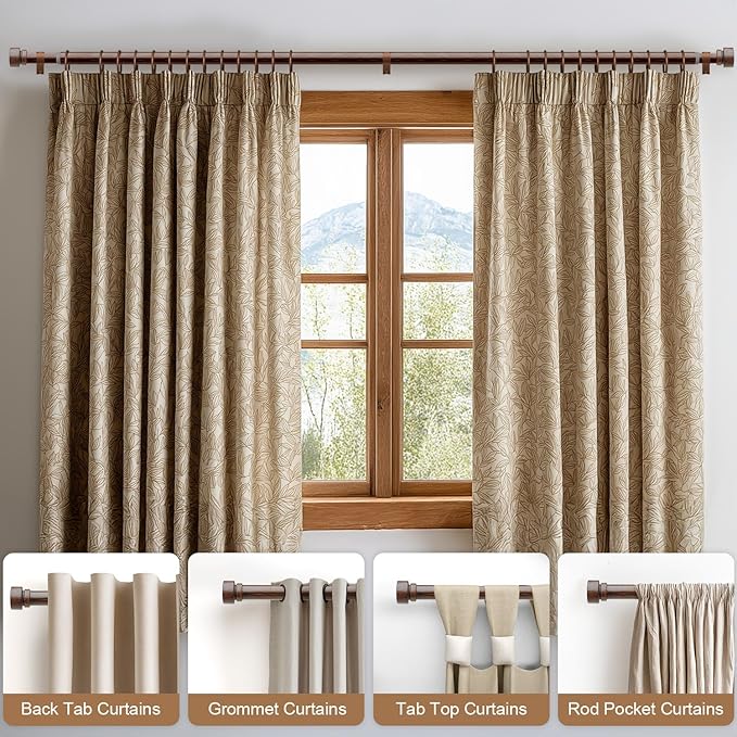 2 Pack Antique Redwood Grain Curtain Rods for Windows 48 to 84 Inches 1" Diameter Heavy Duty Window Curtain Rod Adjustable with Solid Finials for Living Room Bedroom Kitchen Farmhouse Outdoor